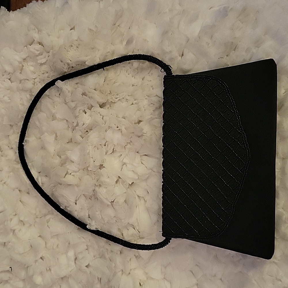 Bijoux Terner black satin mini evening bag beaded strap & flap 9"x5.5"x1.5" EUC…